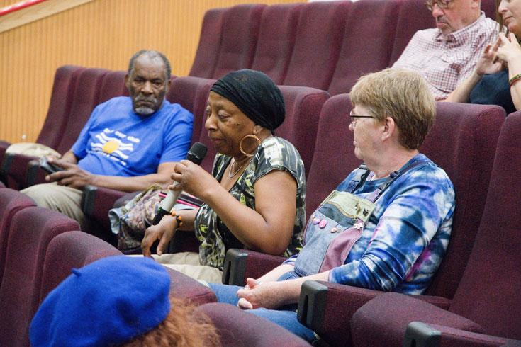 Ros Martin (writer, artist (pavement chalking) and archivist of black and working class histories) asks Gary Younge a question. With Sylius Toussaint and Bernie Velvick from PBHG