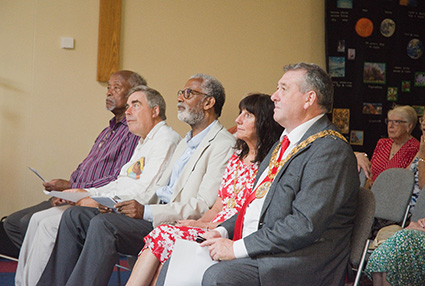Clinton Smith (Chair, Preston Black History Group), Prof Alan Rice, UCLAN, IBAR (Institute for Black Atlantic Research, MIDEX (Research Centre for Migration, Diaspora and Exile), Prof Gregory S Cooke (US Film maker and educator), Kim Lomax (Mayoress of South Ribble Borough Council), Chris Lomax (Mayor of South Ribble Borough Council).