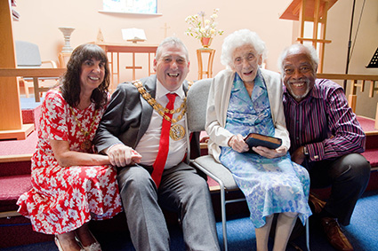 Kim and Chris Lomax (Mayoress and Mayor of South Ribble Borough Council), Eunice Byers, (aged 106), last known witness of the Battle of Bamber Bridge and Clinton Smith Chair PBHG