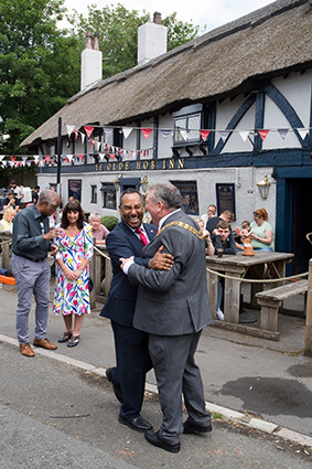 Clinton Smith, Mayoress Kim Lomax, Aaron Snipe and Mayor Chris Lomax have a spirited reunion